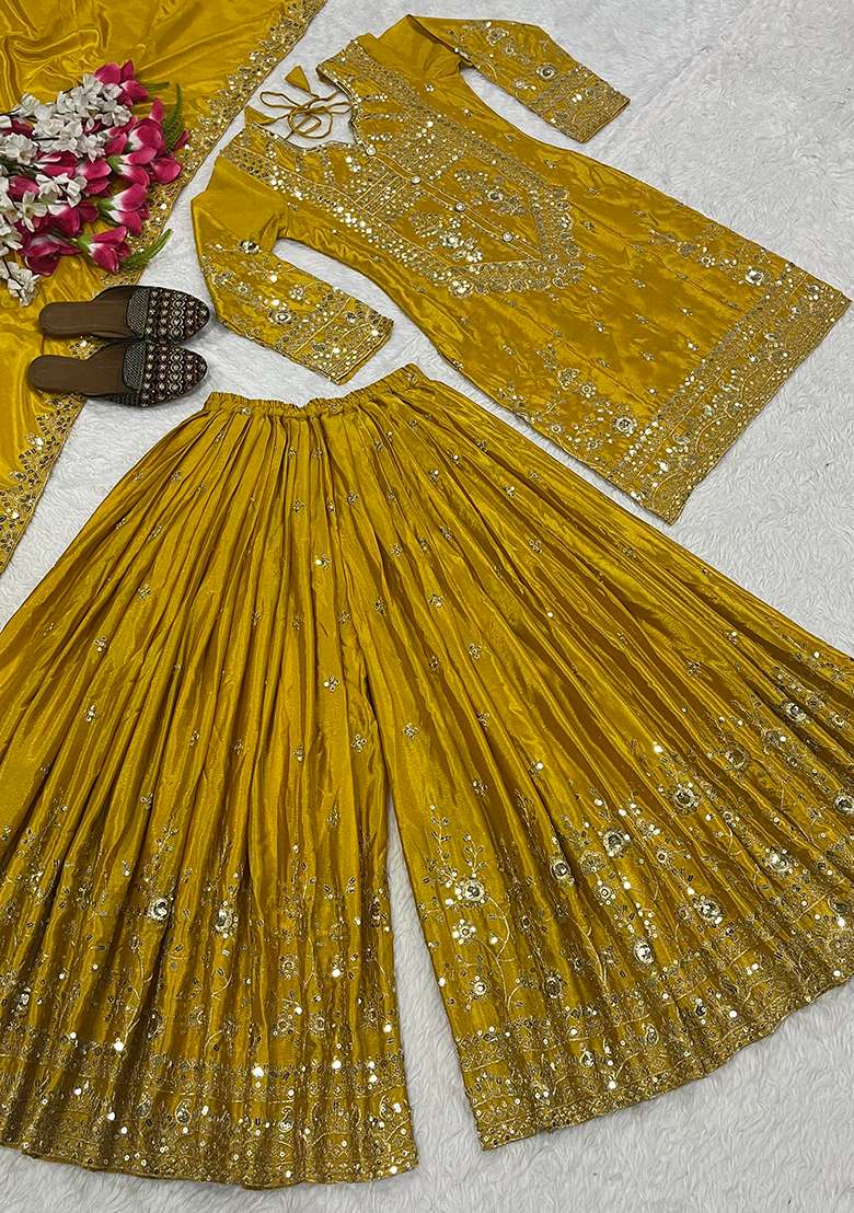 Yellow Sequin Work Silk Kurta Set - Indya