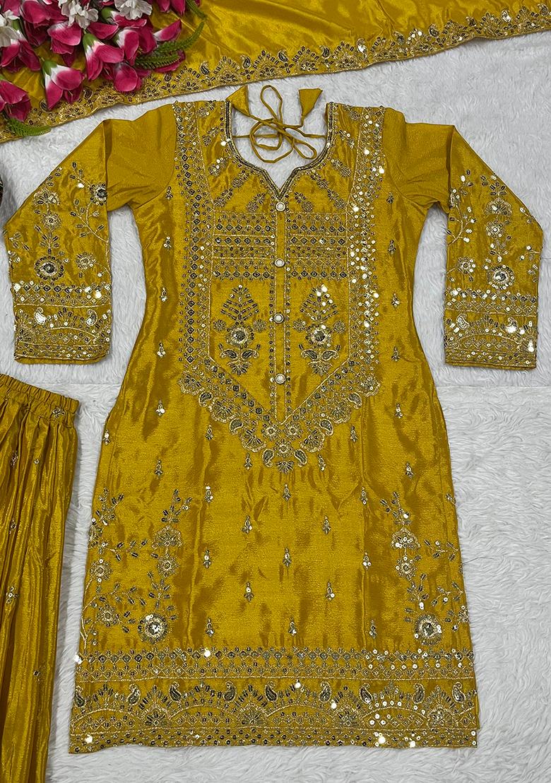 Yellow Sequin Work Silk Kurta Set - Indya