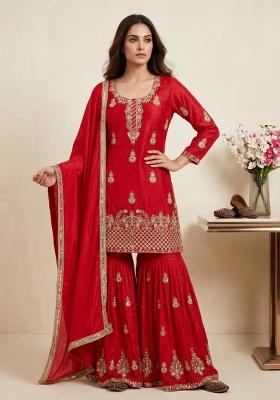 Red Sequin Work Silk Kurta Set