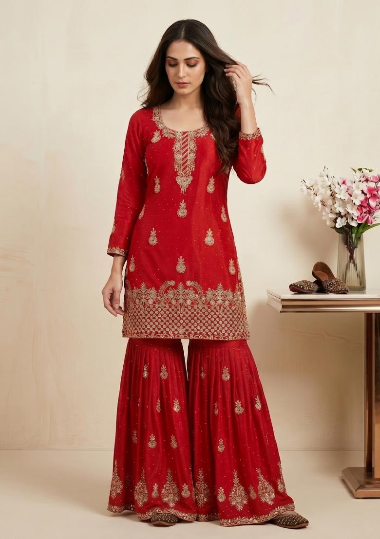 Red Sequin Work Silk Kurta Set - Indya