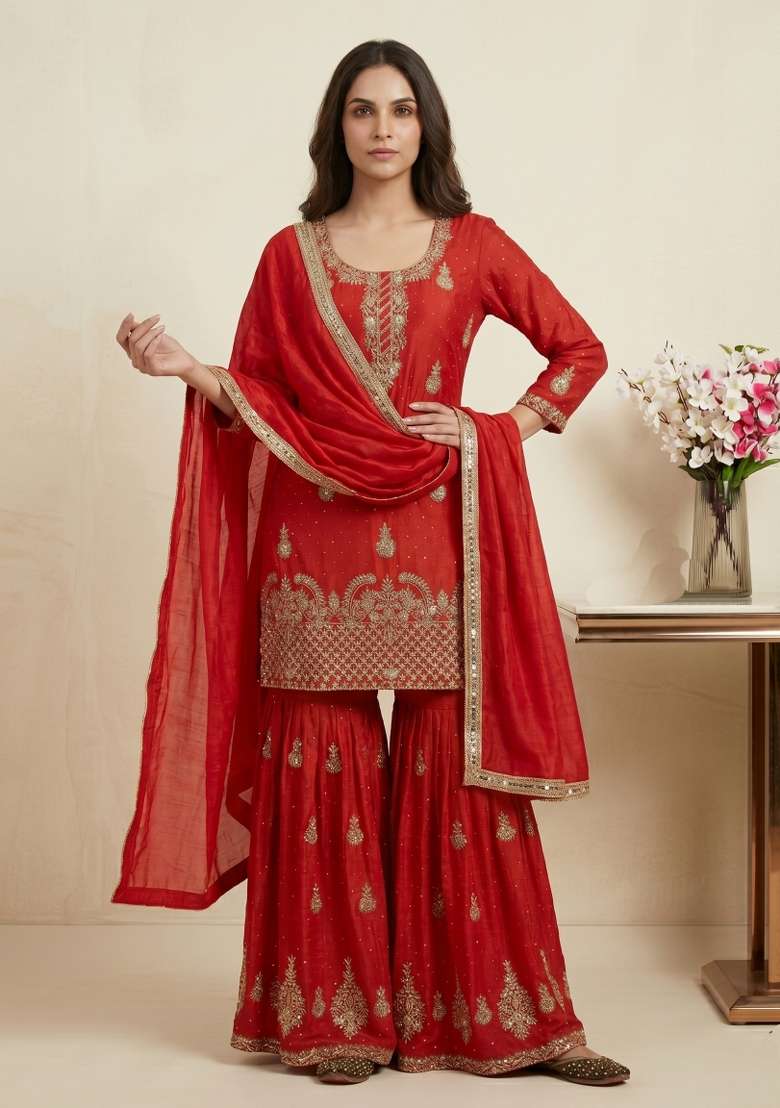 Red Sequin Work Silk Kurta Set - Indya