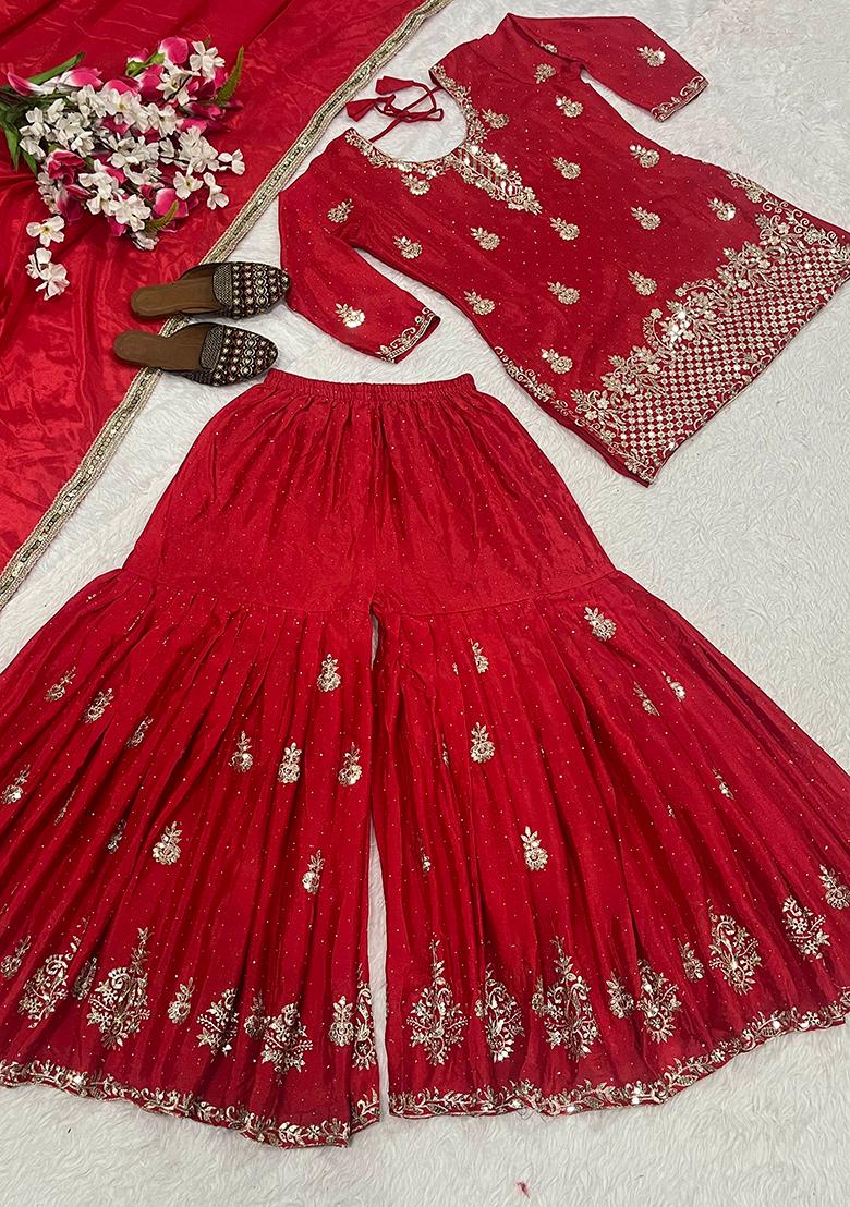 Red Sequin Work Silk Kurta Set - Indya