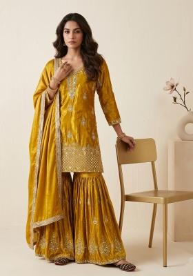 Yellow Sequin Work Silk Kurta Set