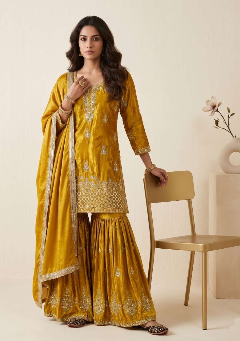Yellow Sequin Work Silk Kurta Set - Indya