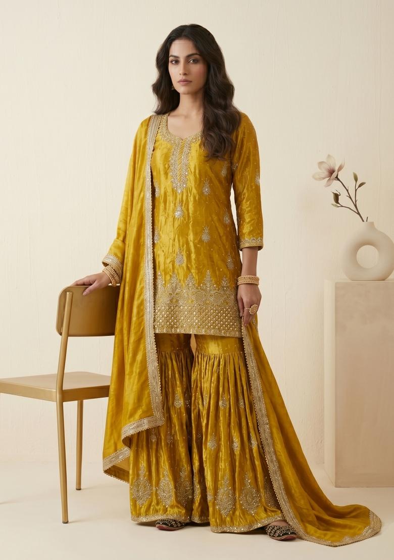 Yellow Sequin Work Silk Kurta Set - Indya