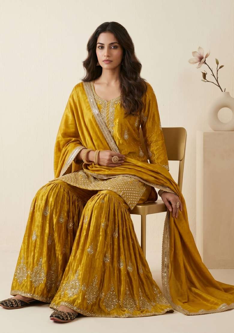 Yellow Sequin Work Silk Kurta Set - Indya