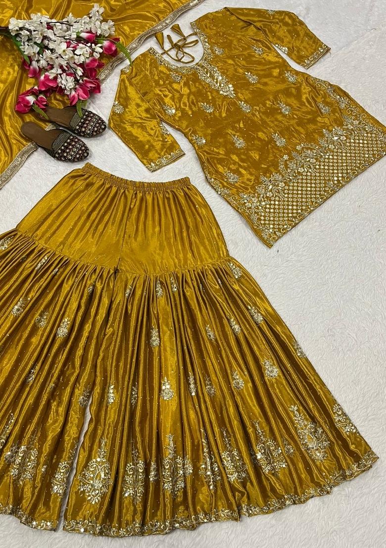 Yellow Sequin Work Silk Kurta Set - Indya