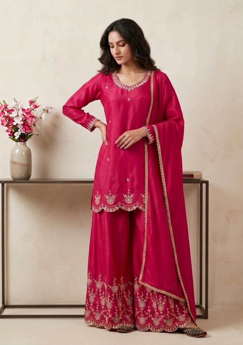 Pink Sequin Work Silk Kurta Set - Indya