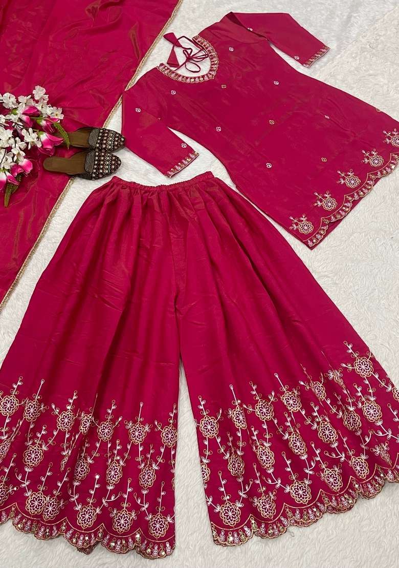 Pink Sequin Work Silk Kurta Set - Indya