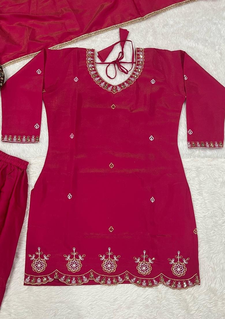 Pink Sequin Work Silk Kurta Set - Indya