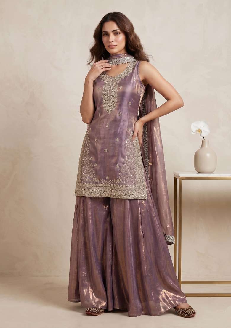 Lavender Sequin Work Silk Kurta Set - Indya