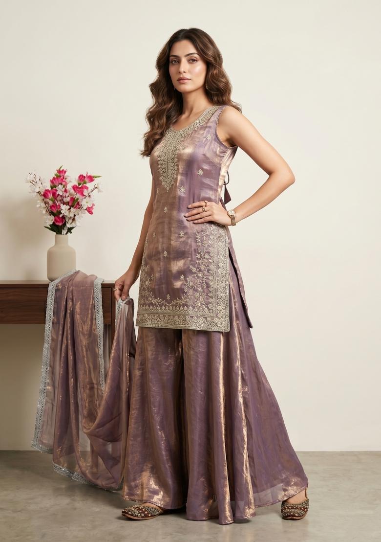 Lavender Sequin Work Silk Kurta Set - Indya