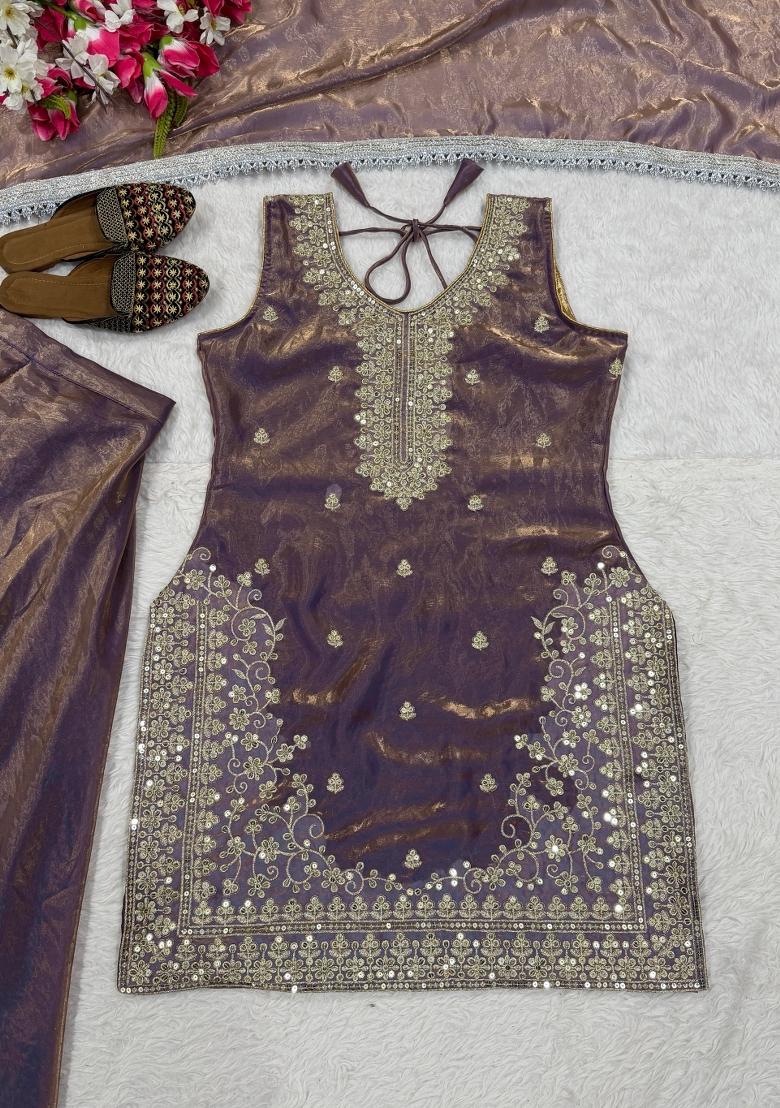 Lavender Sequin Work Silk Kurta Set - Indya