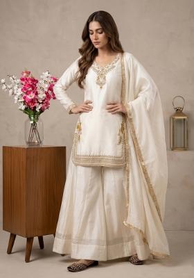 Off White Sequin Work Silk Kurta Set
