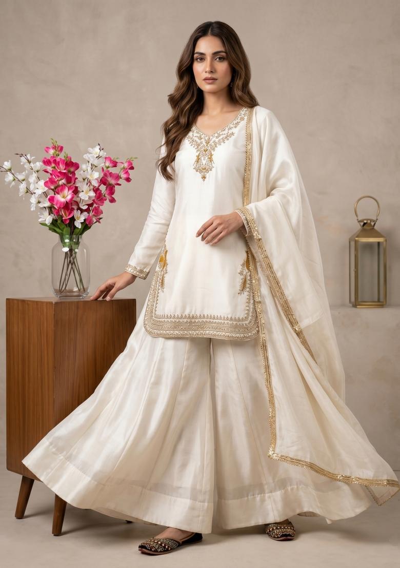 Off White Sequin Work Silk Kurta Set - Indya
