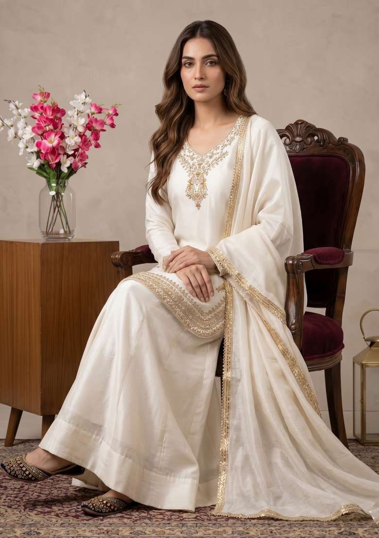 Off White Sequin Work Silk Kurta Set - Indya