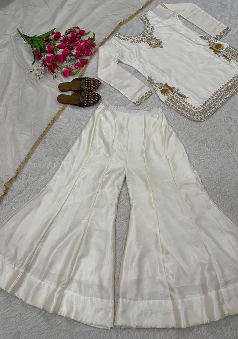 Off White Sequin Work Silk Kurta Set - Indya