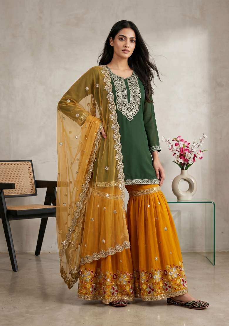 Green Sequin Work Silk Kurta Set - Indya