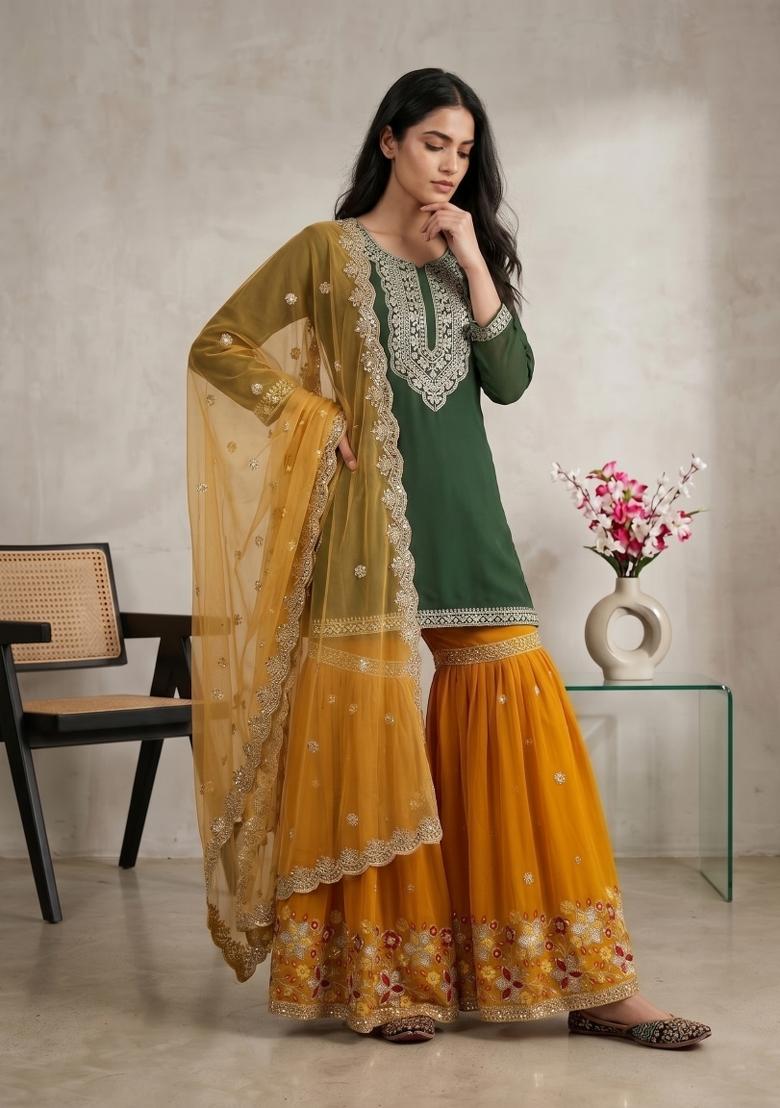 Green Sequin Work Silk Kurta Set - Indya