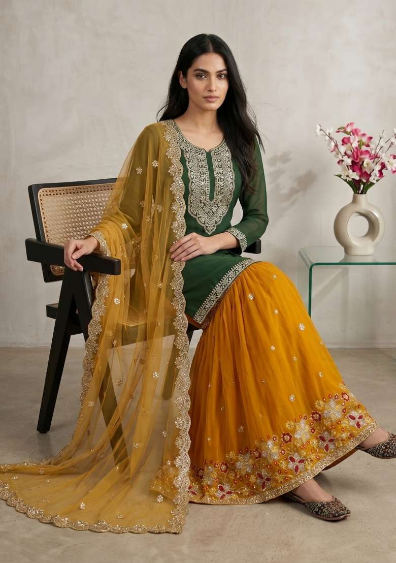 Green Sequin Work Silk Kurta Set - Indya