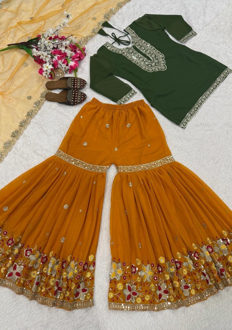 Green Sequin Work Silk Kurta Set - Indya