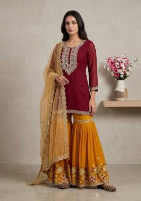 Maroon Sequin Work Silk Kurta Set
