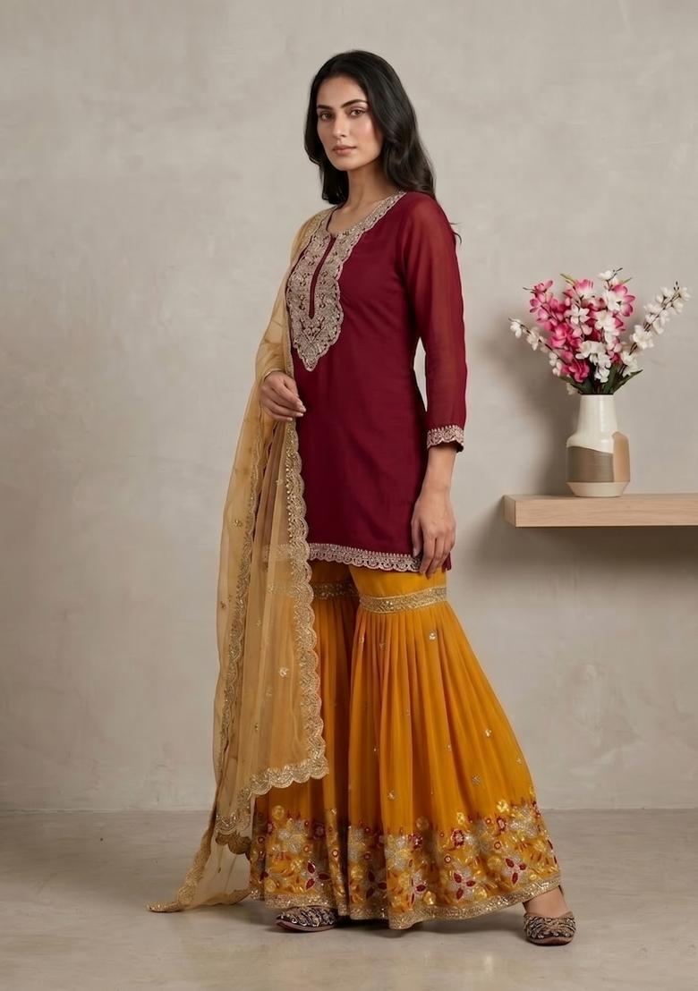 Maroon Sequin Work Silk Kurta Set - Indya