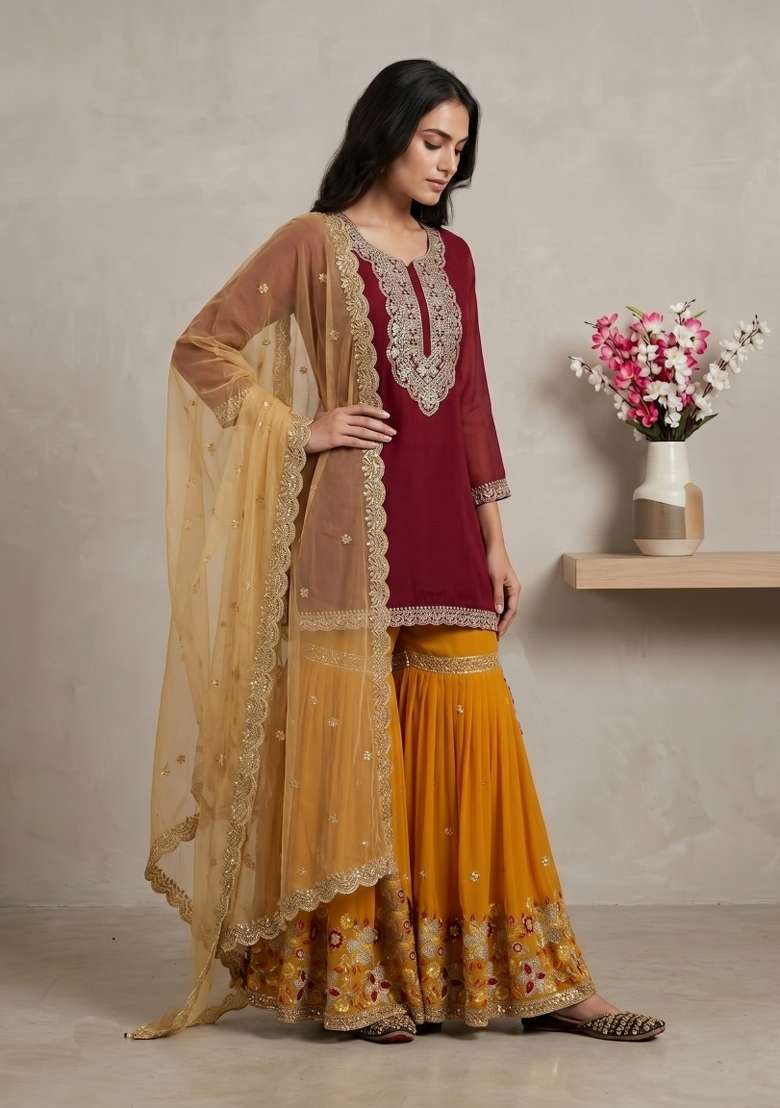 Maroon Sequin Work Silk Kurta Set - Indya