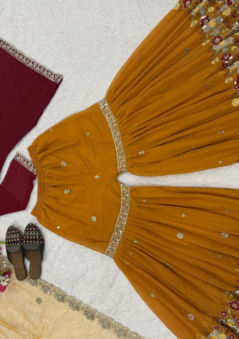 Maroon Sequin Work Silk Kurta Set - Indya