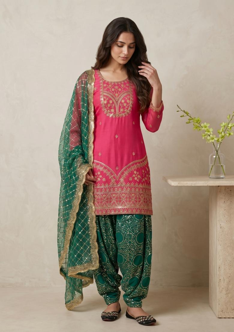 Pink Sequin Work Georgette Kurta Set - Indya