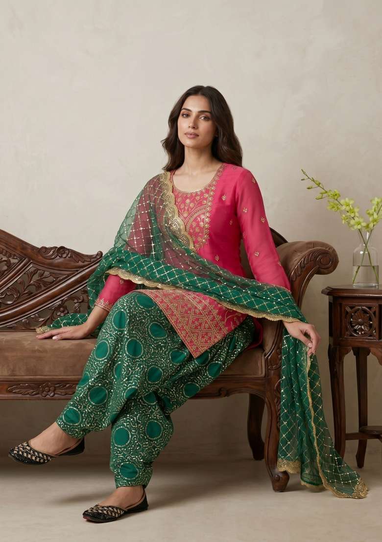 Pink Sequin Work Georgette Kurta Set - Indya