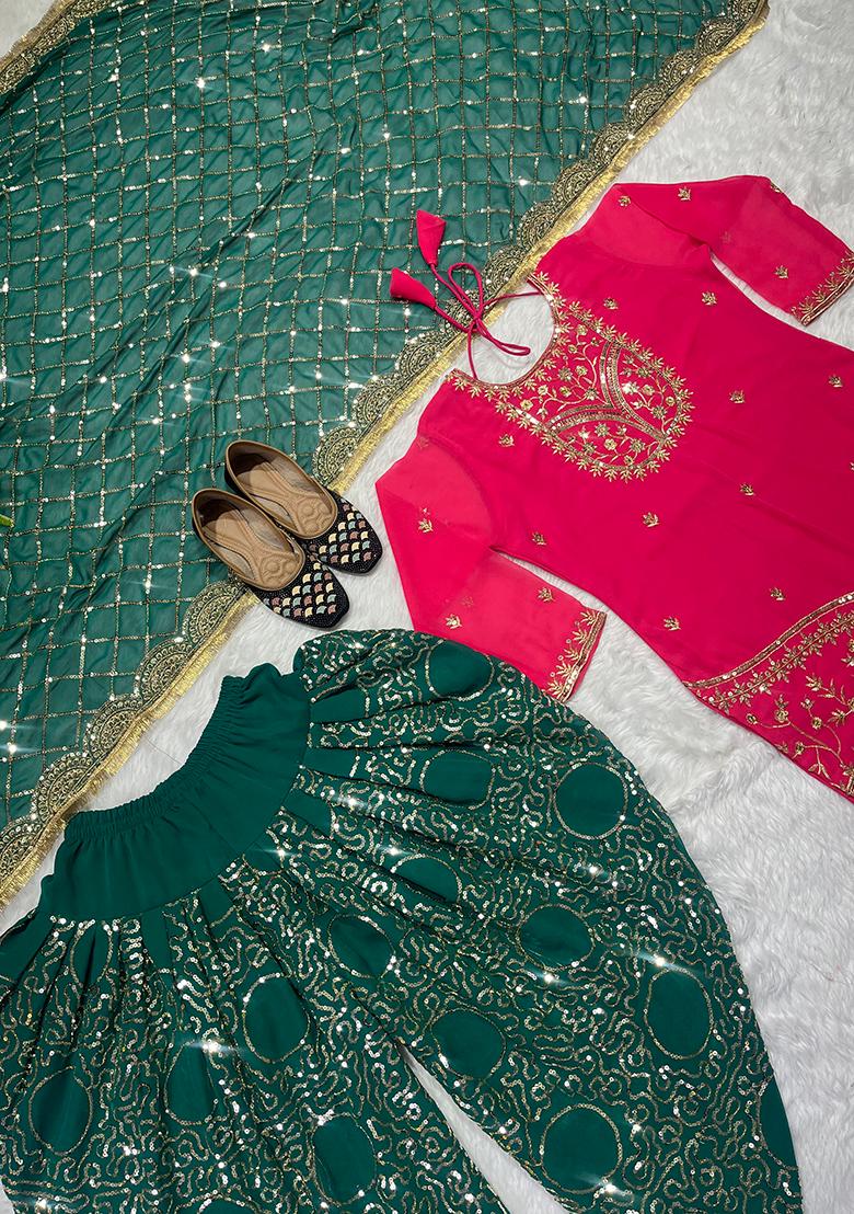Pink Sequin Work Georgette Kurta Set - Indya