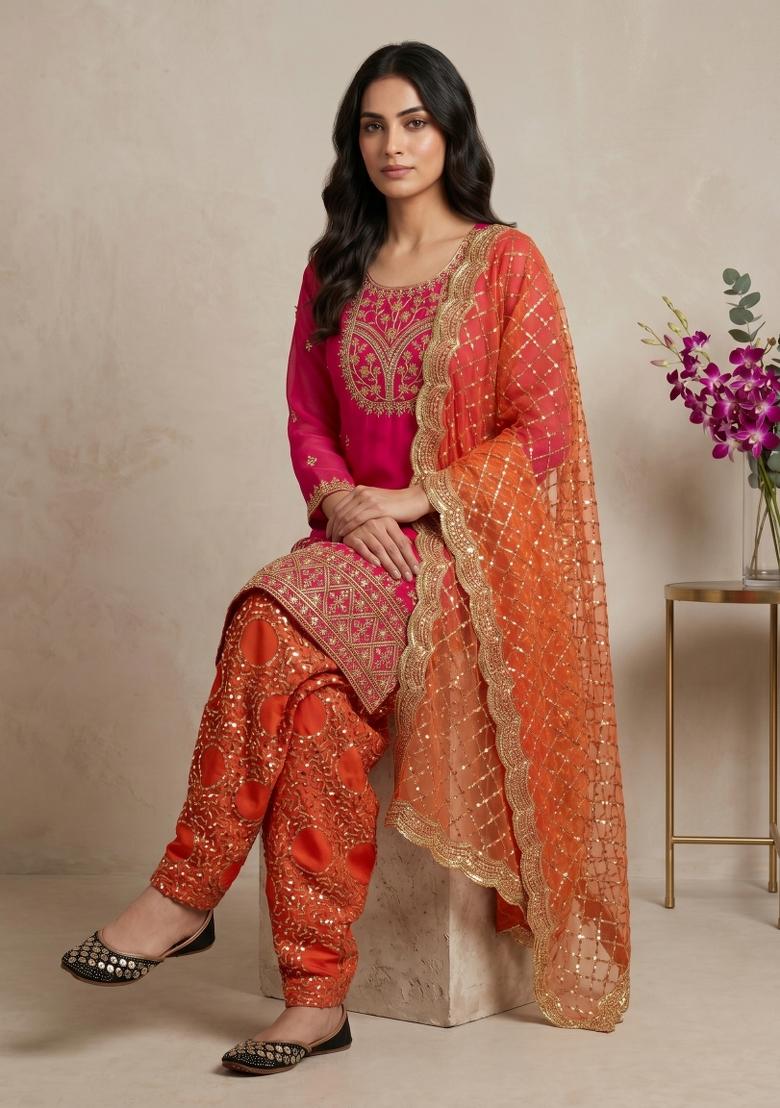 Pink Sequin Work Georgette Kurta Set - Indya