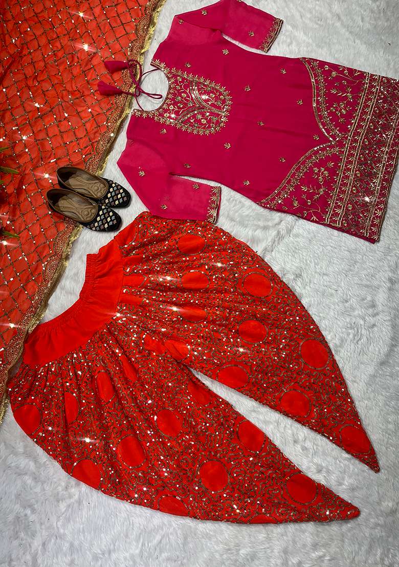Pink Sequin Work Georgette Kurta Set - Indya