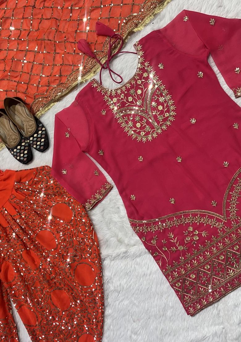 Pink Sequin Work Georgette Kurta Set - Indya