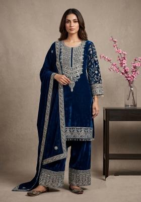 Teal Sequin Work Velvet Kurta Set