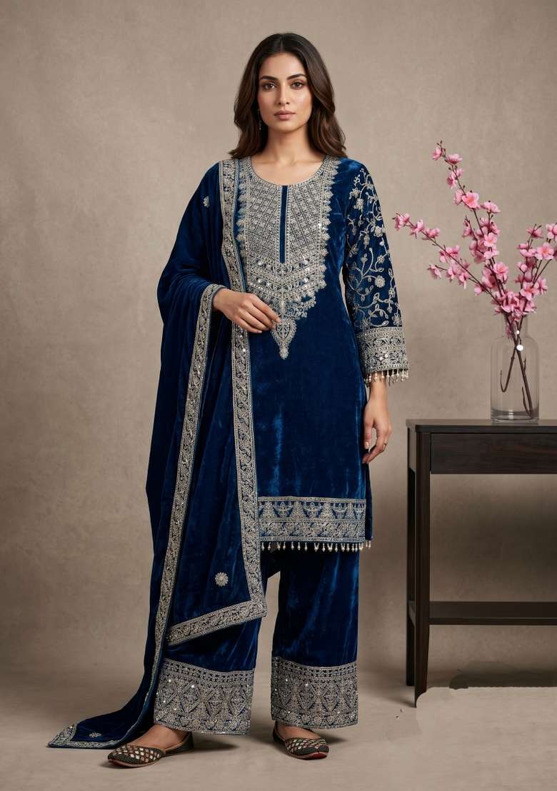 Teal Sequin Work Velvet Kurta Set - Indya