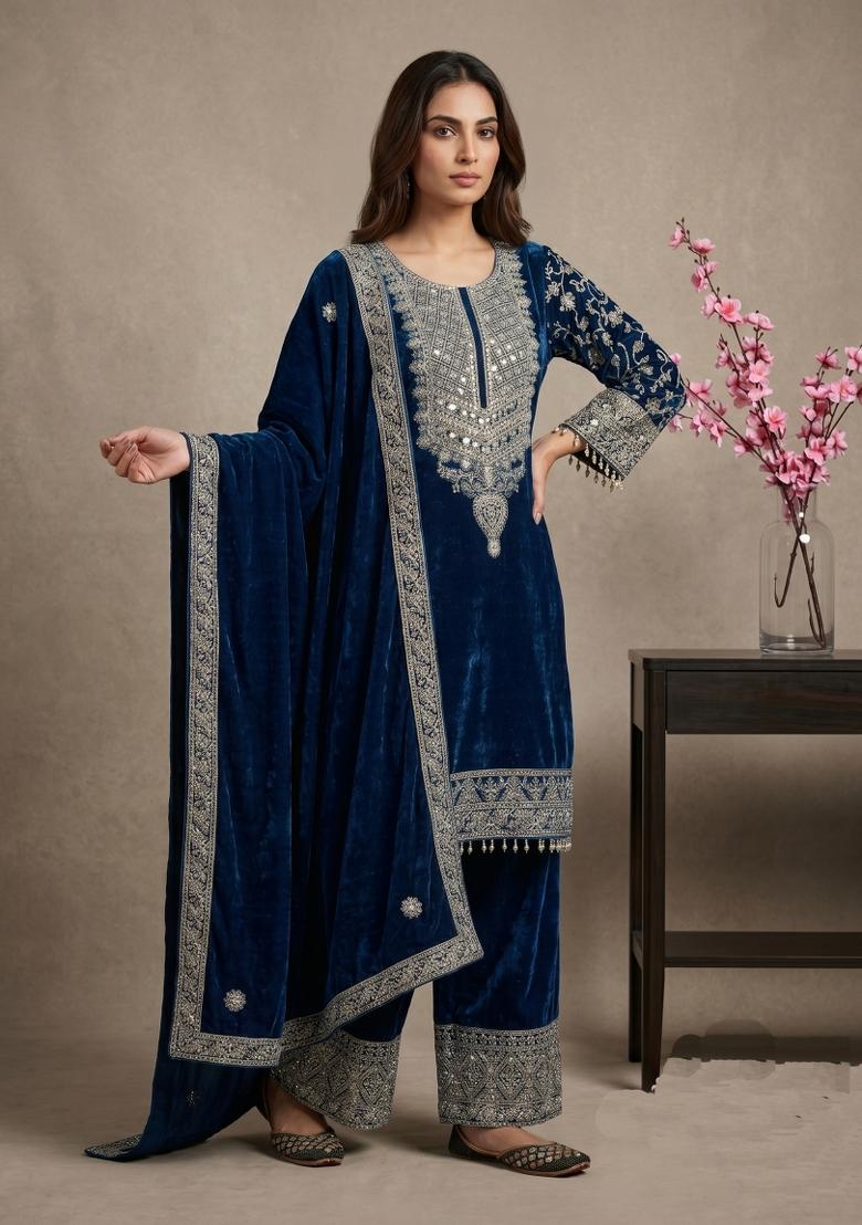 Teal Sequin Work Velvet Kurta Set - Indya