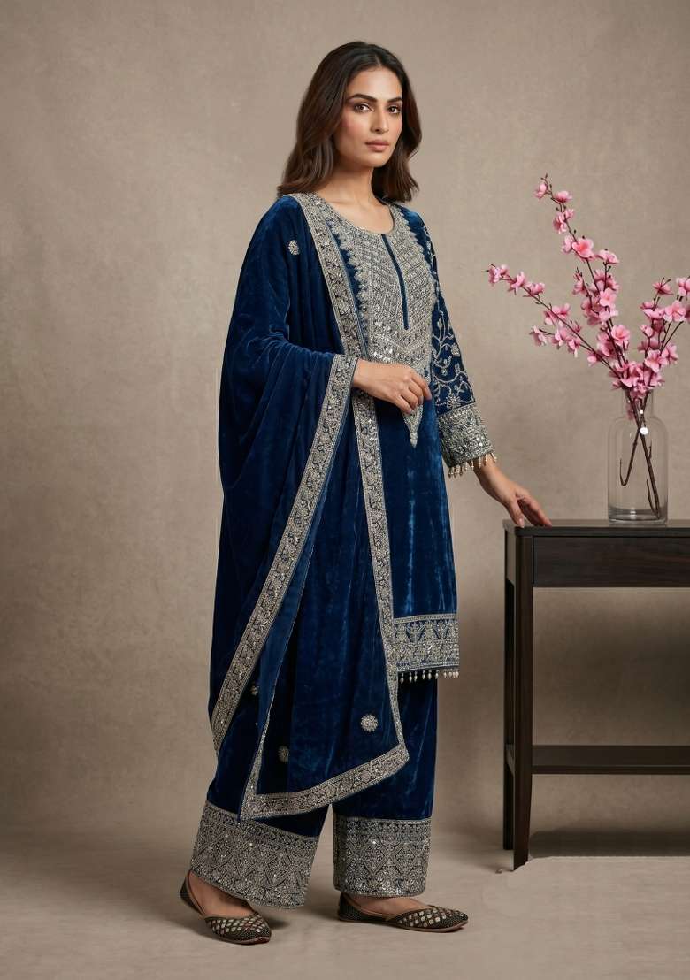 Teal Sequin Work Velvet Kurta Set - Indya