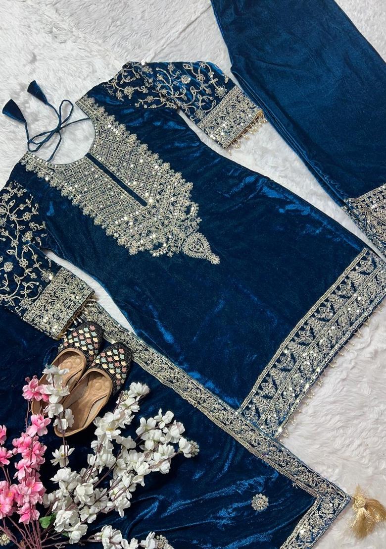Teal Sequin Work Velvet Kurta Set - Indya