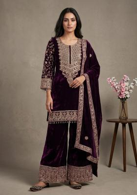 Wine Sequin Work Velvet Kurta Set