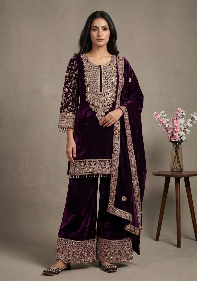 Wine Sequin Work Velvet Kurta Set - Indya