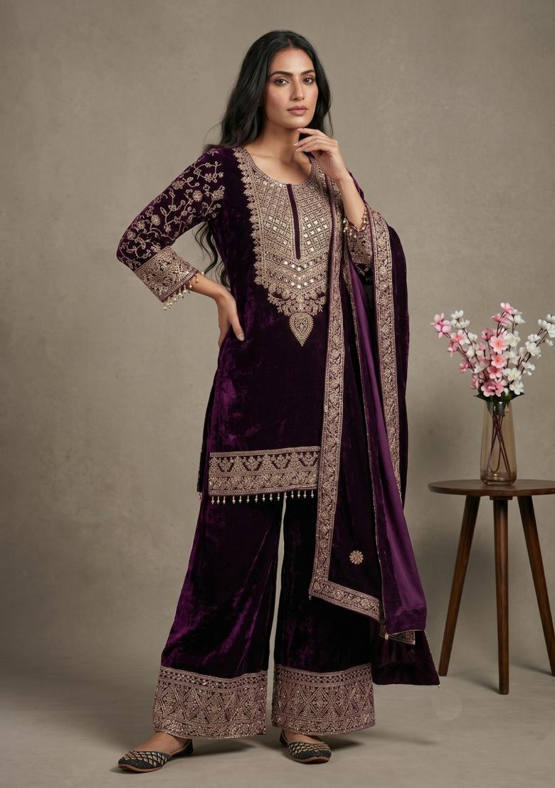 Wine Sequin Work Velvet Kurta Set - Indya
