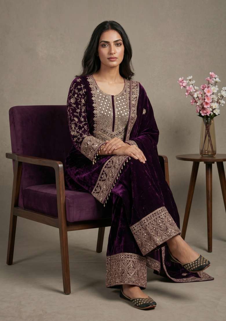 Wine Sequin Work Velvet Kurta Set - Indya