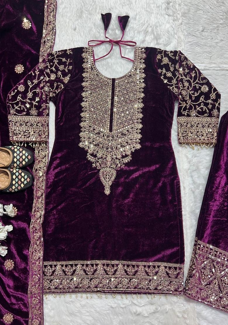 Wine Sequin Work Velvet Kurta Set - Indya