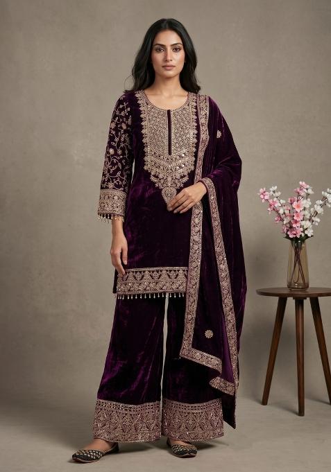 Wine Sequin Work Velvet Kurta Set