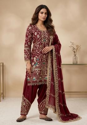 Maroon Sequin Work Crepe Kurta Set