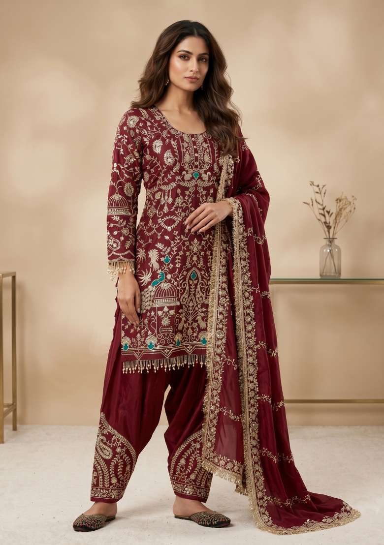 Maroon Sequin Work Crepe Kurta Set - Indya