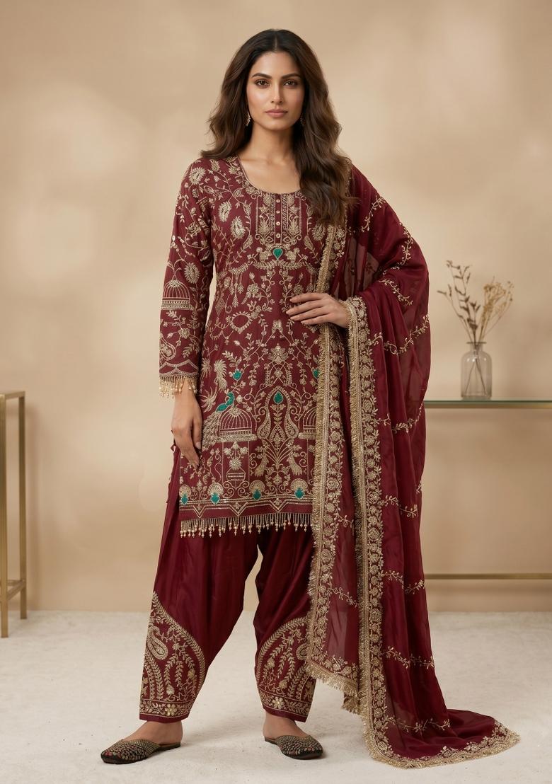 Maroon Sequin Work Crepe Kurta Set - Indya