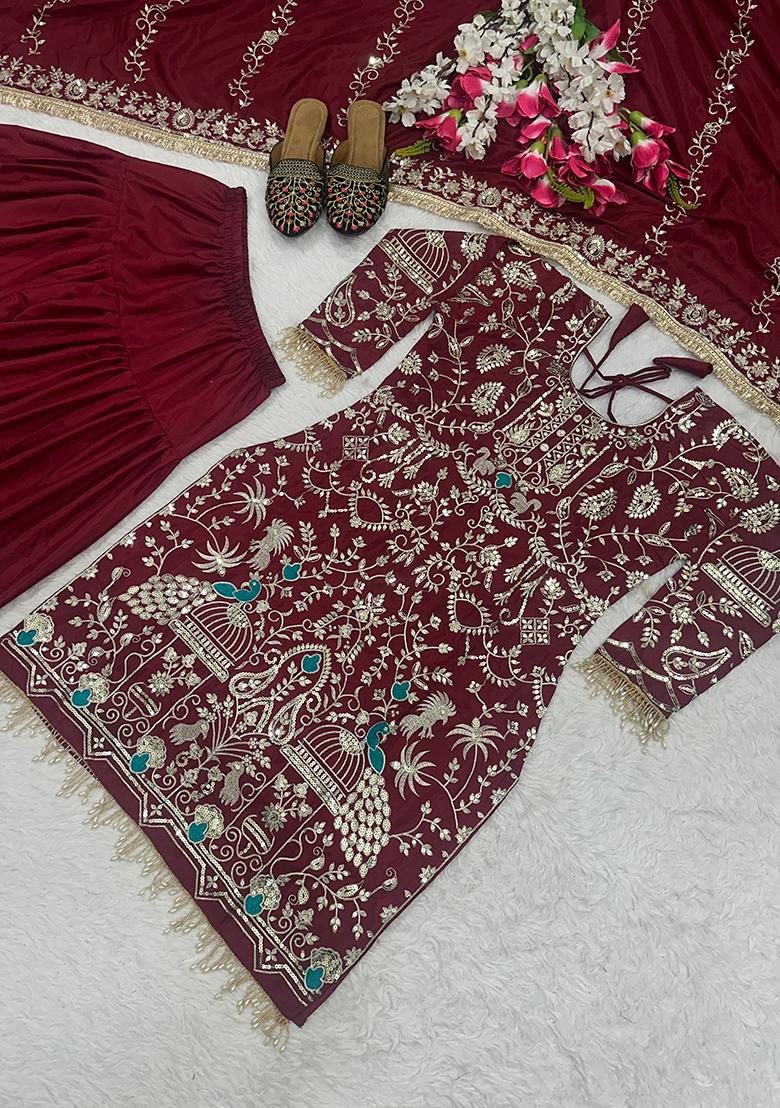 Maroon Sequin Work Crepe Kurta Set - Indya